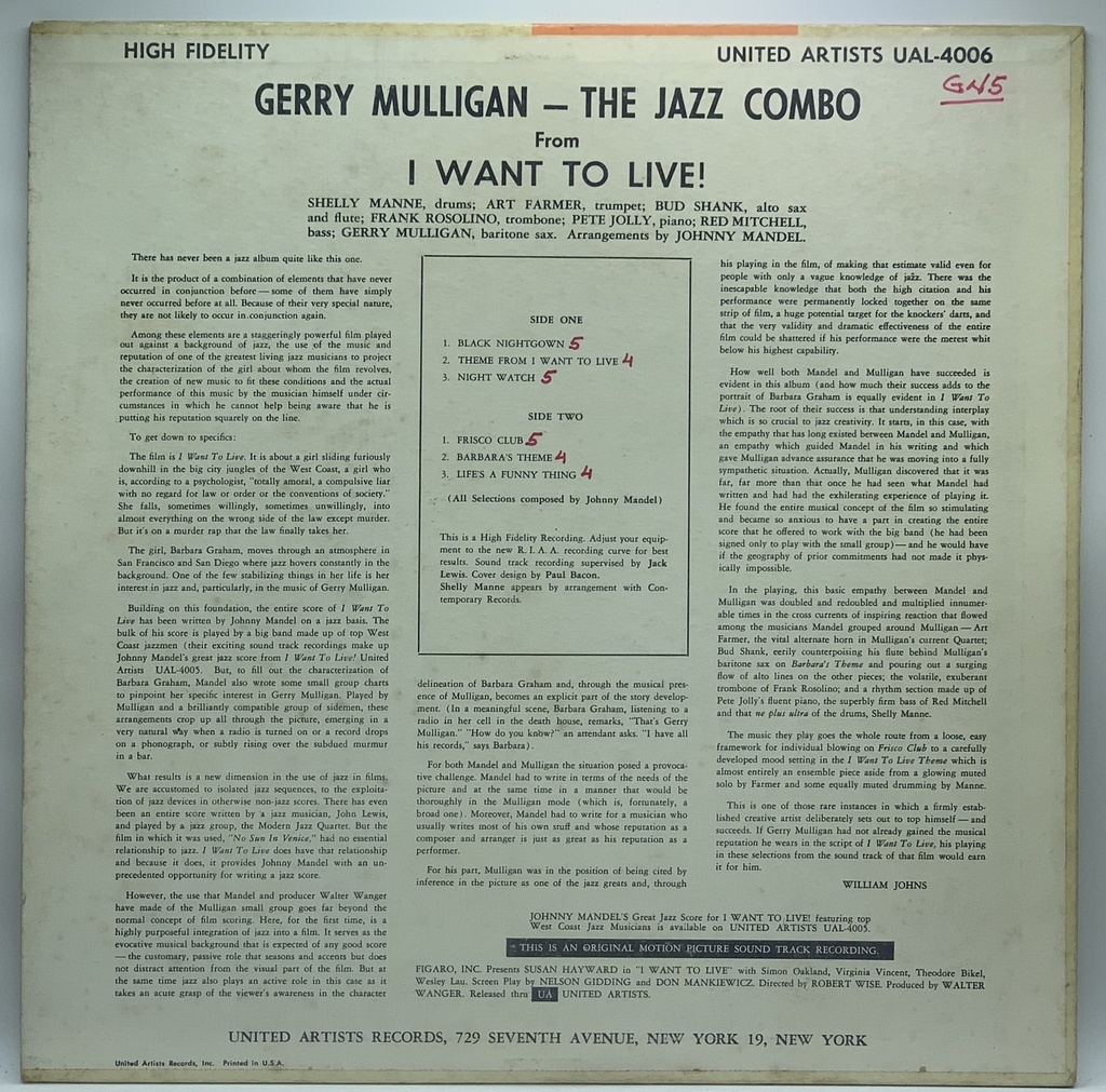 Gerry Mulligan - The Jazz Combo From "I Want To Live!" (LP usado)