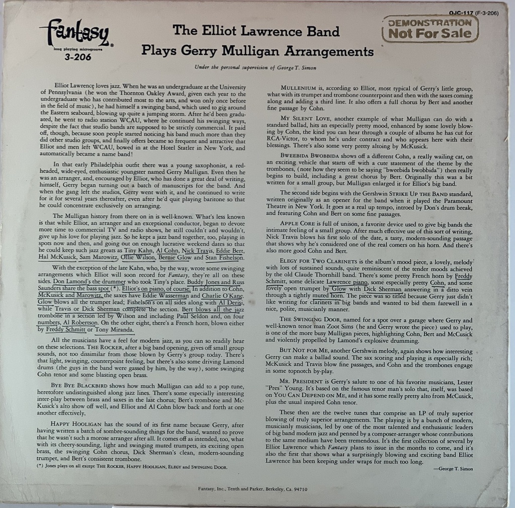 Elliot Lawrence -Plays Gerry Mulligan Arrangements (LP usado)