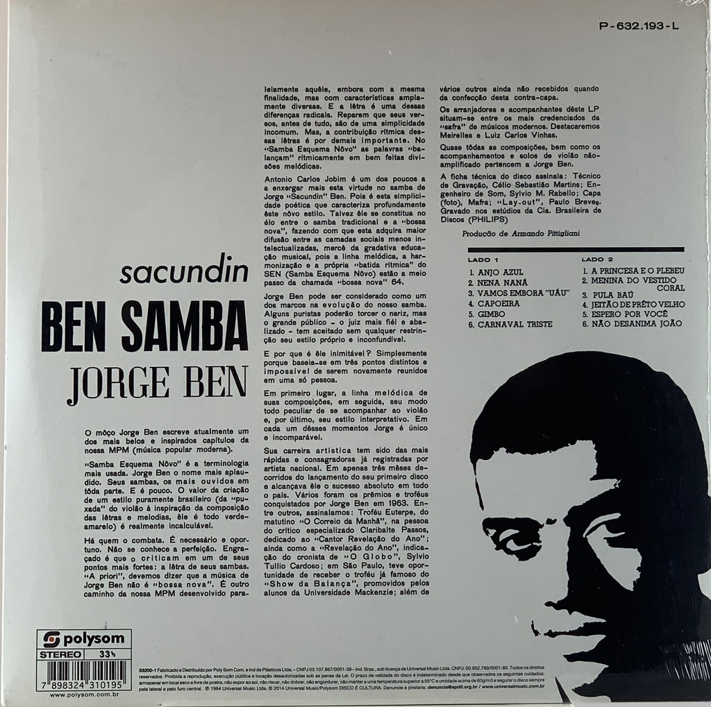 Jorge Ben - Sacundin Ben Samba (LP novo)