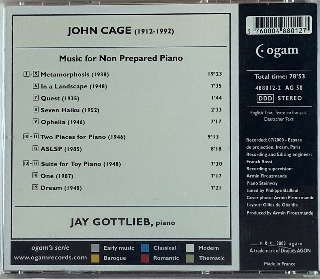 John Cage - Jay Gottlieb – Music For Non-prepared Piano (CD usado)