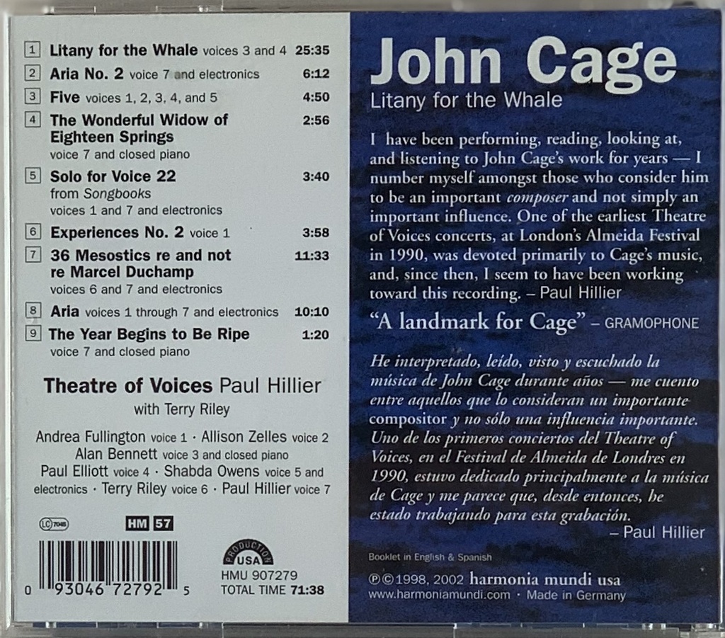 John Cage - Theatre Of Voices, Paul Hillier/Terry Riley – Litany For The Whale (CD usado)