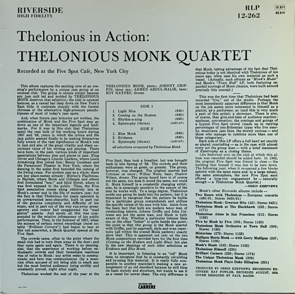 Thelonious Monk Quartet With Johnny Griffin – In Action (LP usado)