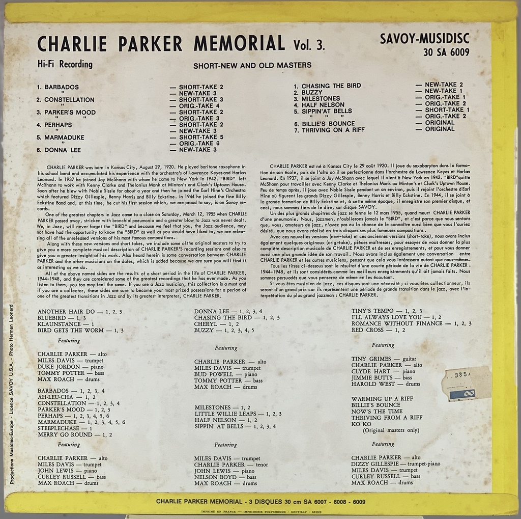 Charlie Parker – Memorial Vol. III (LP usado)