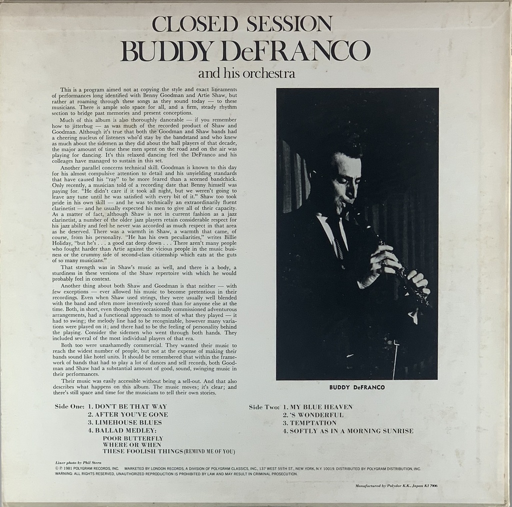 Buddy DeFranco And His Orchestra – Closed Session(LP usado)