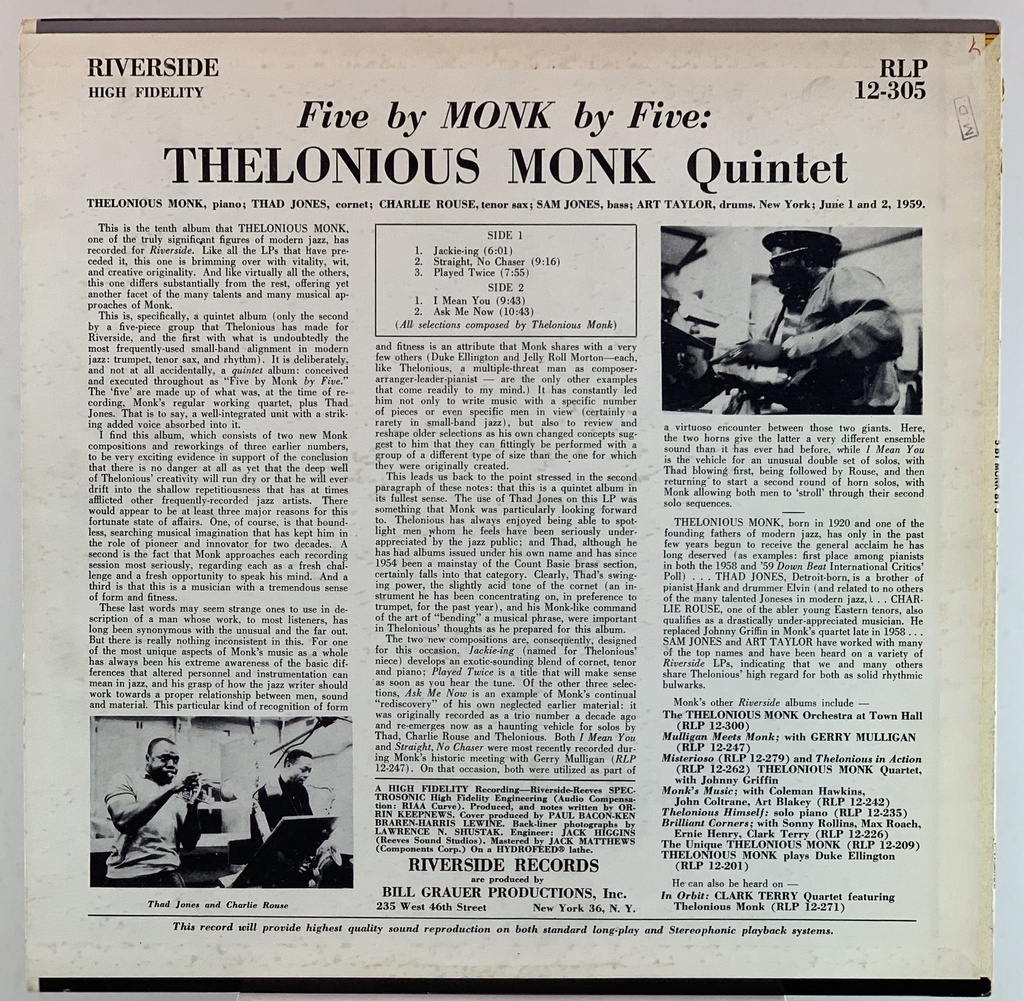 LP Thelonious Monk - 5 By Monk By 5 (usado)