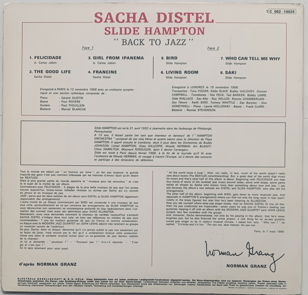 Sacha Distel / Slide Hampton - Back to Jazz (LP usado)