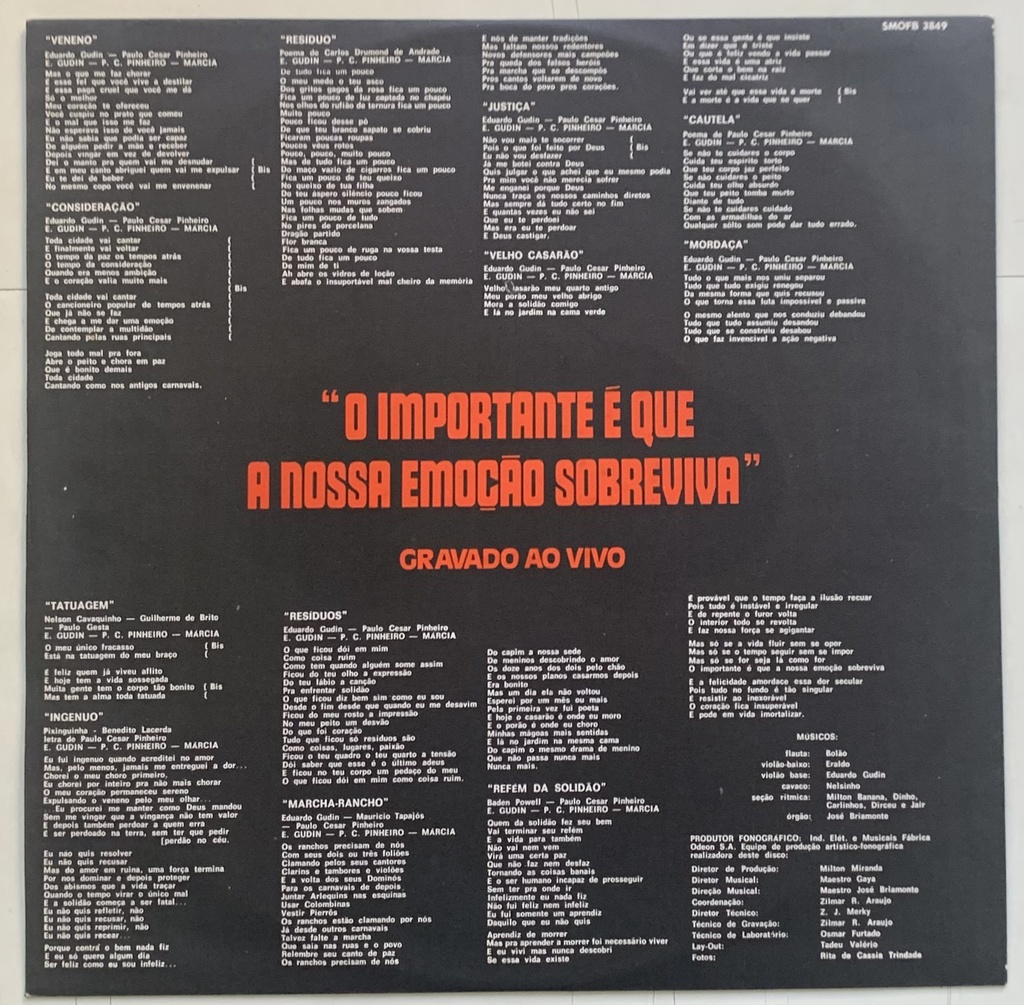Eduardo Gudin, Paulo César Pinheiro, Márcia – O Importante é que a Nossa Emoção Sobreviva - Gravado ao Vivo (LP usado)