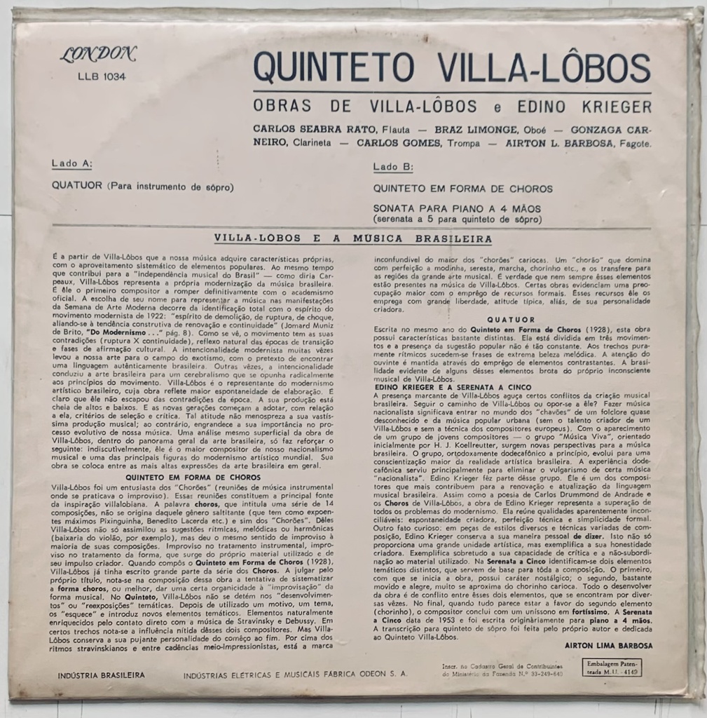 Quinteto Villa-Lobos - Obras de Villa-Lôbos e Edino Krieger (LP usado)